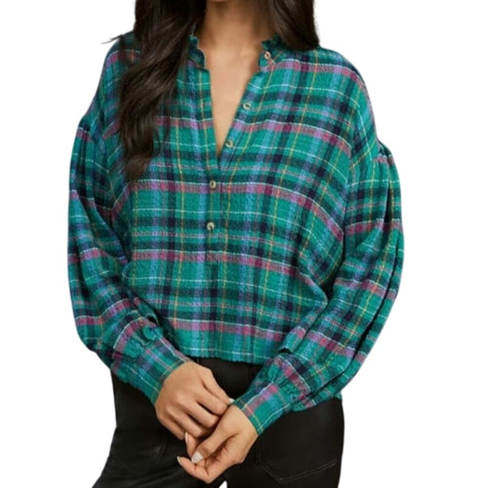 Pilcro Anthropologie Boho Country Plaid Textured Crop Long Puff Sleeve Blouse
